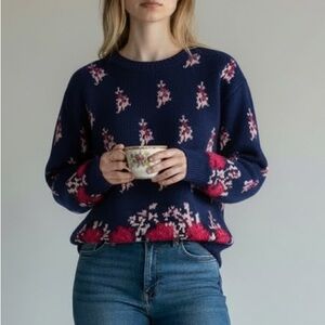 Vintage Handmade 90s Abstract Floral Navy Blue Pink White Sweater Cottagecore